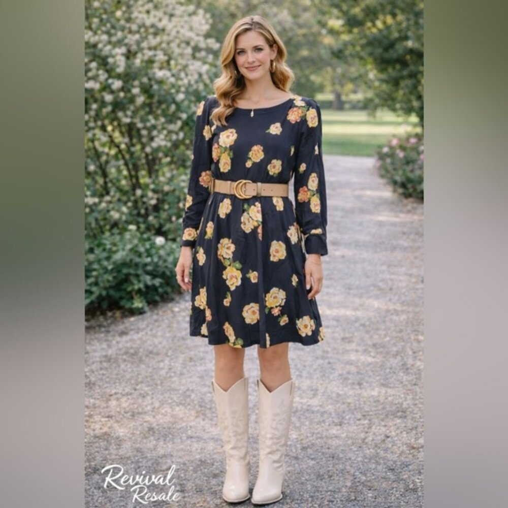 Romantic Cottagecore Floral Dress LOFT Petite Large Navy Yellow Roses